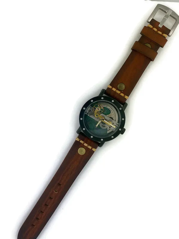 Automatic Mechanical Watch, Blue Background  with  Brown Leather Band