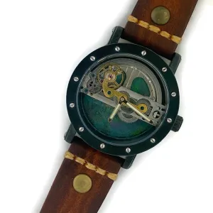 Automatic Mechanical Watch, Blue Background  with  Brown Leather Band