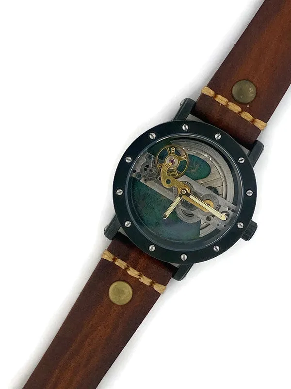 Automatic Mechanical Watch, Blue Background  with  Brown Leather Band