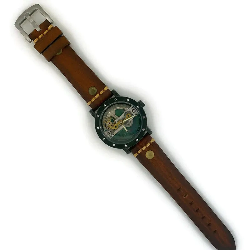 Automatic Mechanical Watch, Blue Background  with  Brown Leather Band