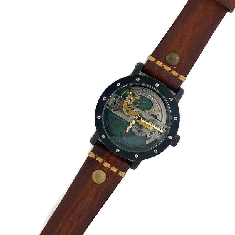 Automatic Mechanical Watch, Blue Background  with  Brown Leather Band
