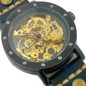 Automatic Mechanical Watch, Blue Dial with  Blue Leather Band