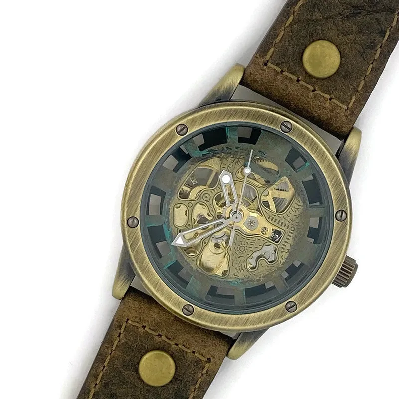 Automatic Mechanical Watch, Blue Dial with  Brown  Leather Band