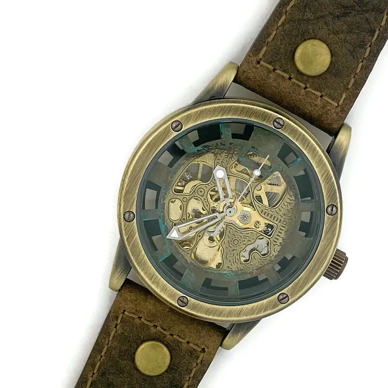 Automatic Mechanical Watch, Blue Dial with  Brown  Leather Band