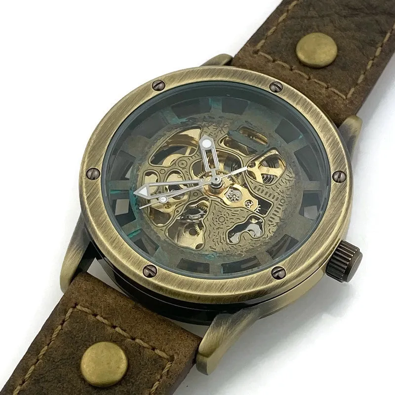 Automatic Mechanical Watch, Blue Dial with  Brown  Leather Band