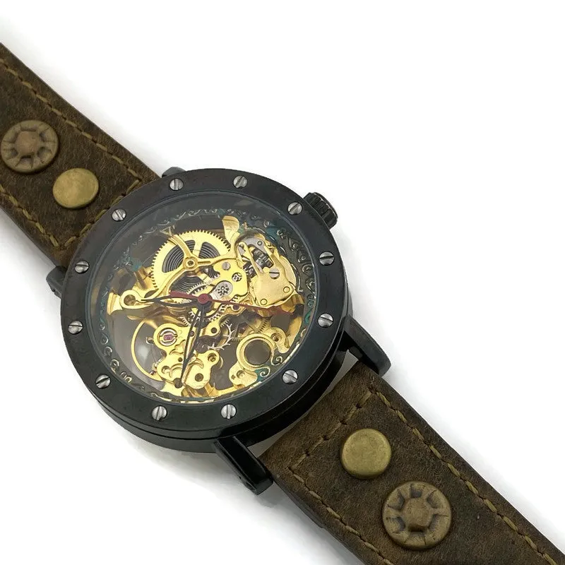 Automatic Mechanical Watch, Blue Dial with  Brown Leather Band