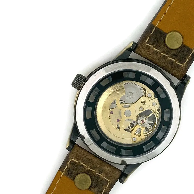 Automatic Mechanical Watch, Blue Dial with  Brown  Leather Band