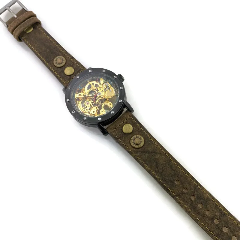 Automatic Mechanical Watch, Blue Dial with  Brown Leather Band