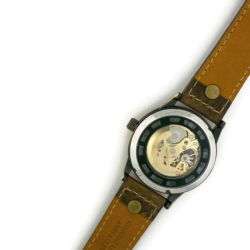 Automatic Mechanical Watch, Blue Dial with  Brown  Leather Band