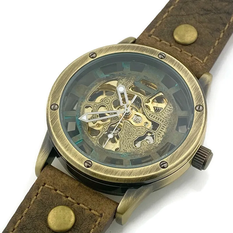 Automatic Mechanical Watch, Blue Dial with  Brown  Leather Band