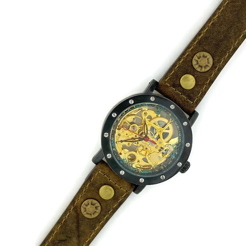 Automatic Mechanical Watch, Blue Dial with  Brown Leather Band