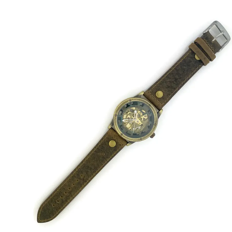 Automatic Mechanical Watch, Blue Dial with  Brown  Leather Band