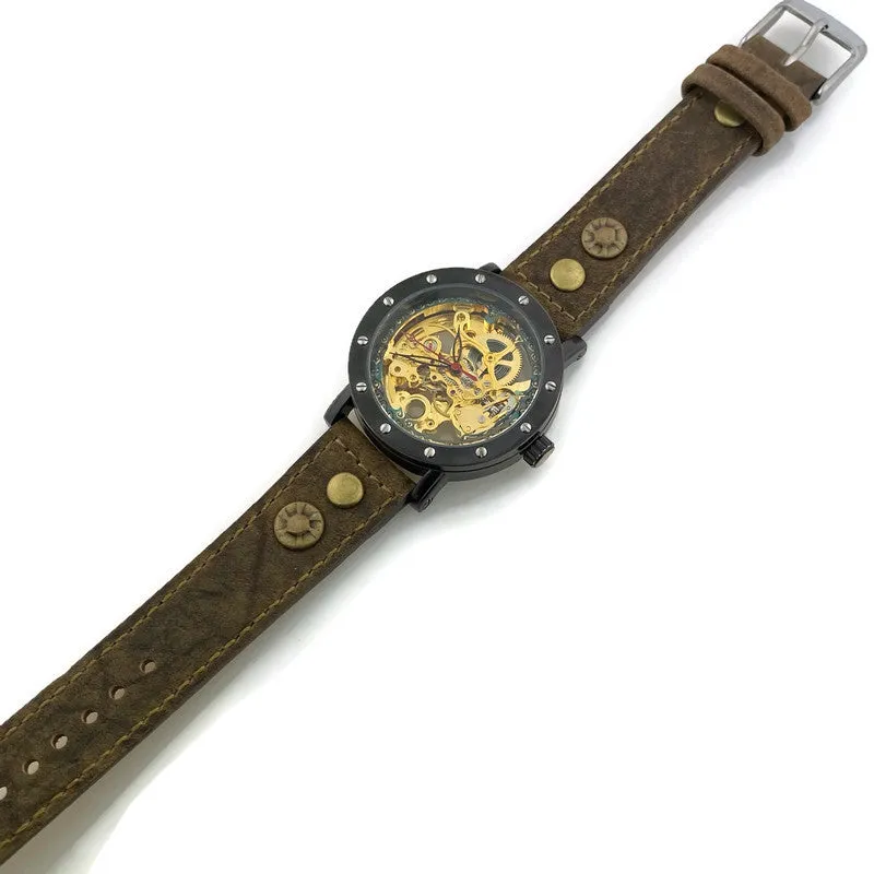 Automatic Mechanical Watch, Blue Dial with  Brown Leather Band