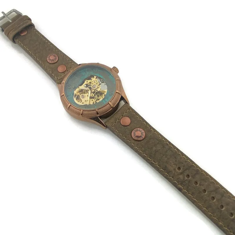 Automatic Mechanical Watch, Blue Dial with Leather Band