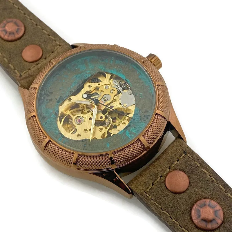 Automatic Mechanical Watch, Blue Dial with Leather Band
