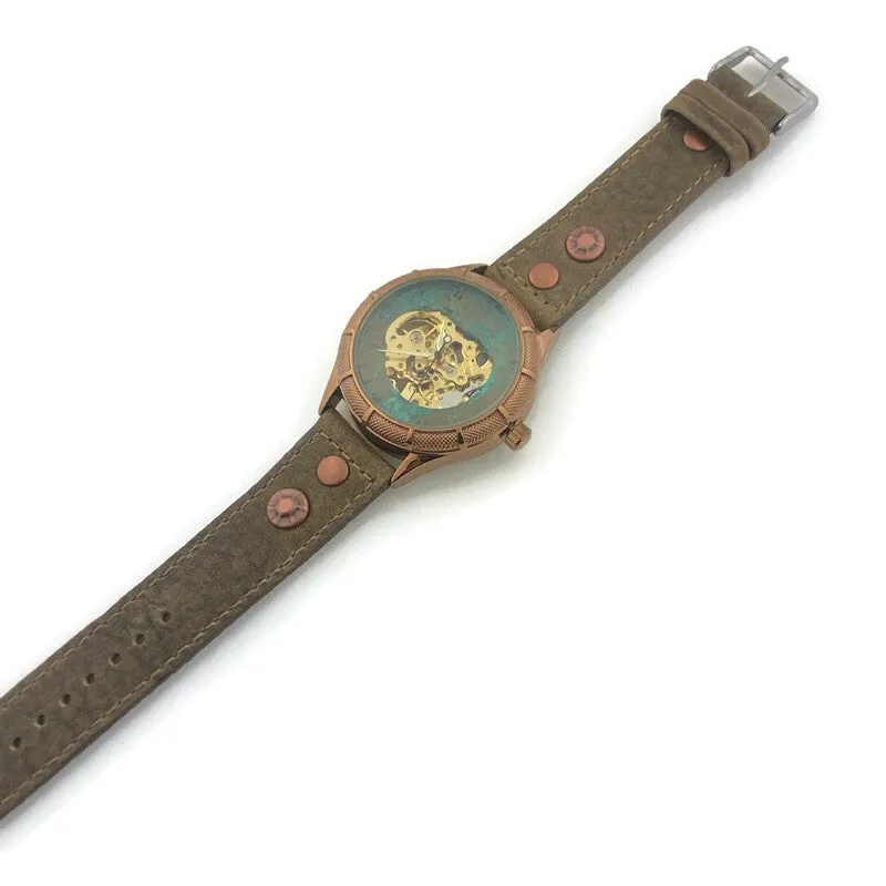 Automatic Mechanical Watch, Blue Dial with Leather Band