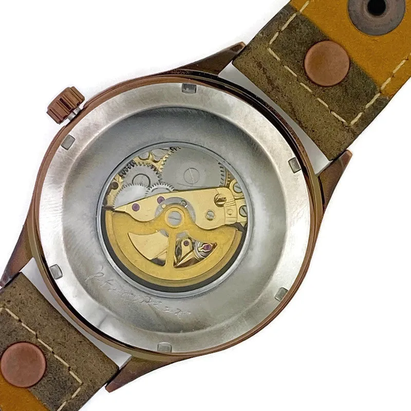Automatic Mechanical Watch, Blue Dial with Leather Band