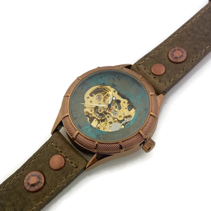 Automatic Mechanical Watch, Blue Dial with Leather Band