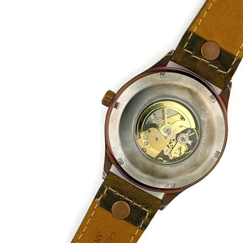 Automatic Mechanical Watch, Blue Gold and Silver Dial with Leather Band