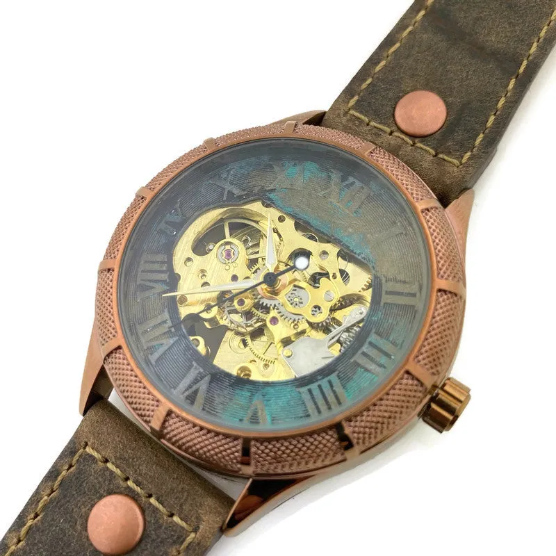 Automatic Mechanical Watch, Blue Gold and Silver Dial with Leather Band