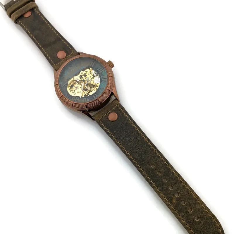 Automatic Mechanical Watch, Blue Gold and Silver Dial with Leather Band