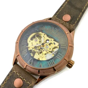 Automatic Mechanical Watch, Blue Gold and Silver Dial with Leather Band