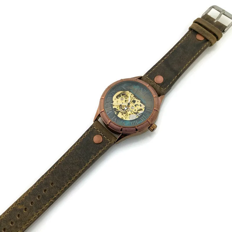 Automatic Mechanical Watch, Blue Gold and Silver Dial with Leather Band