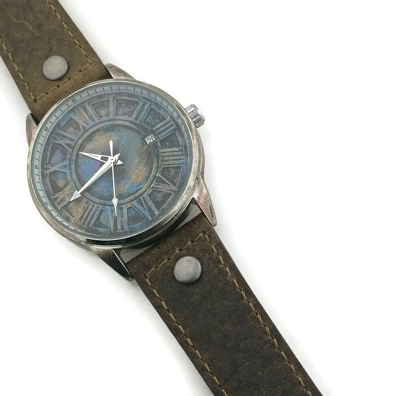 Automatic Mechanical Watch With Date, Blue Dial with  Brown  Leather Band