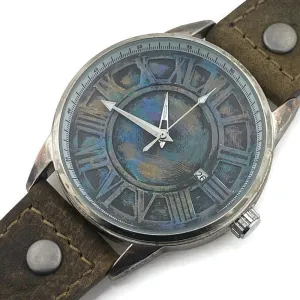 Automatic Mechanical Watch With Date, Blue Dial with  Brown  Leather Band