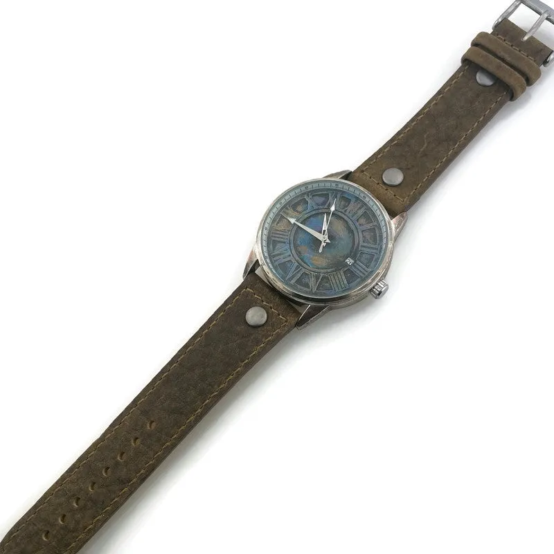 Automatic Mechanical Watch With Date, Blue Dial with  Brown  Leather Band