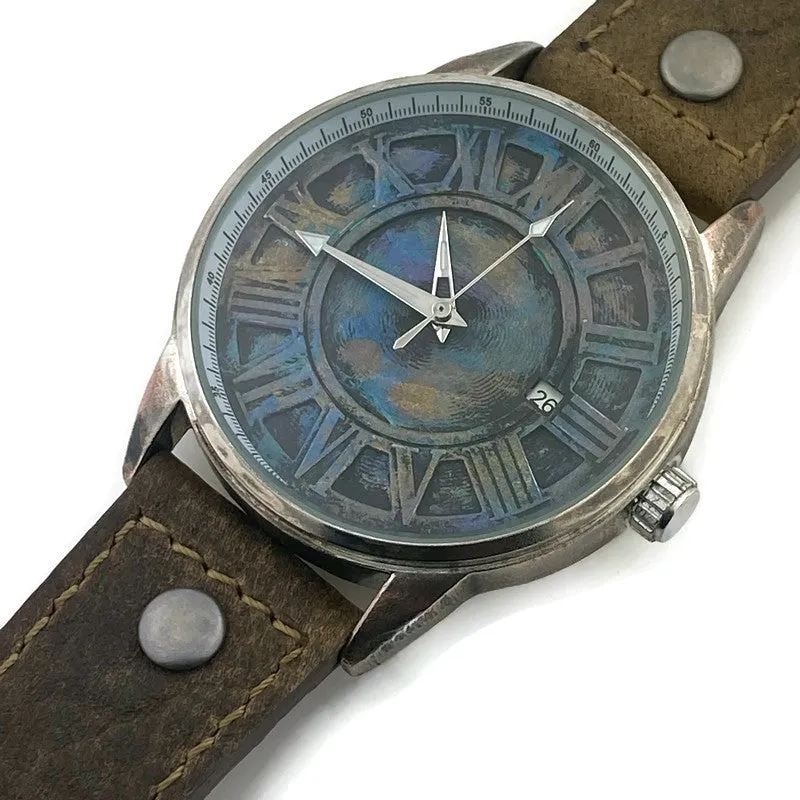 Automatic Mechanical Watch With Date, Blue Dial with  Brown  Leather Band