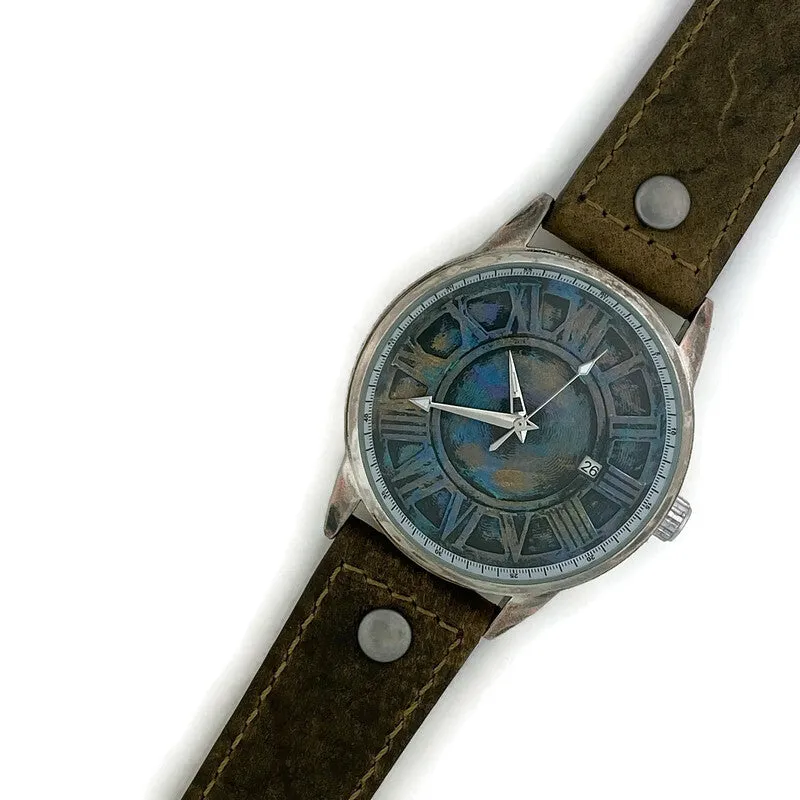Automatic Mechanical Watch With Date, Blue Dial with  Brown  Leather Band