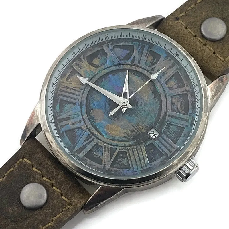 Automatic Mechanical Watch With Date, Blue Dial with  Brown  Leather Band