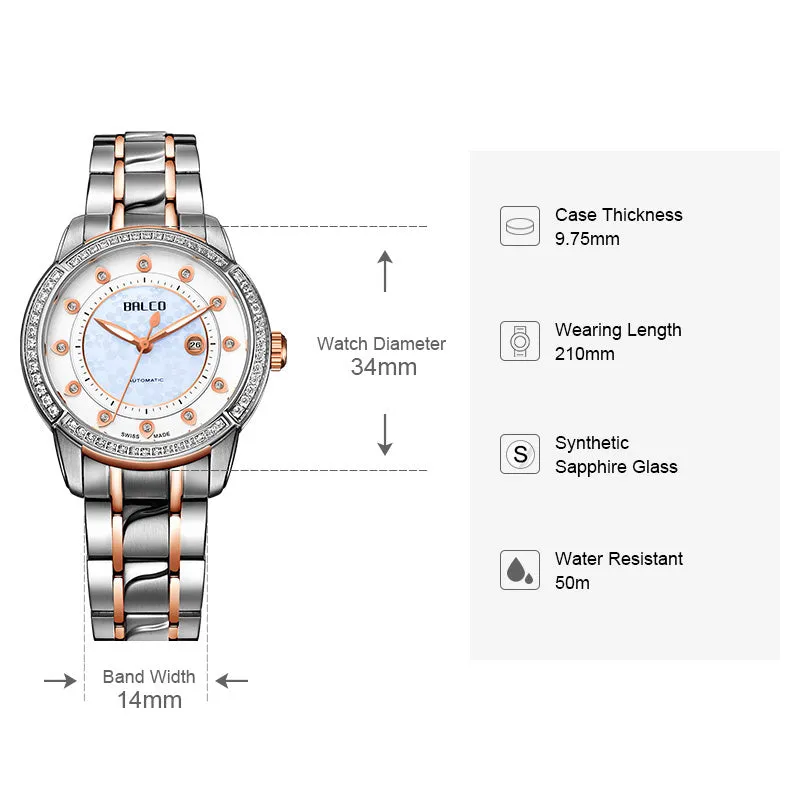 BALCO Women Mechanical Watches-Synthetic Sapphire Glass,Zircon Dial Modern Watch for Work
