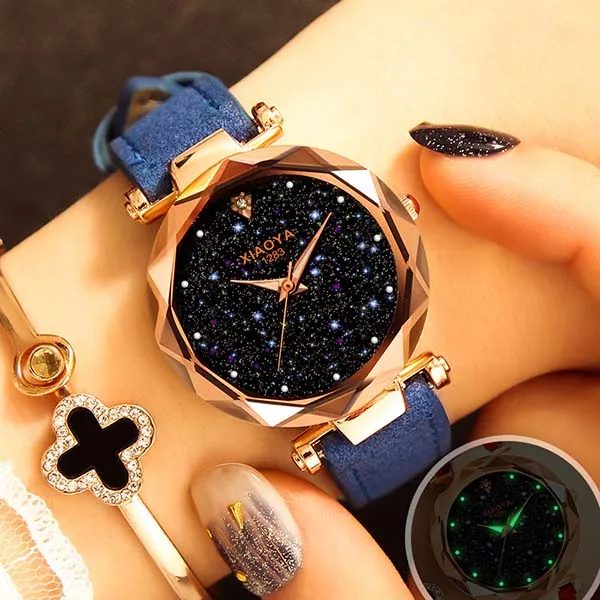 Bebe Kloss Luxury Starry Sky Romantic Leather Rhinestone Designer Ladies Wrist Watch