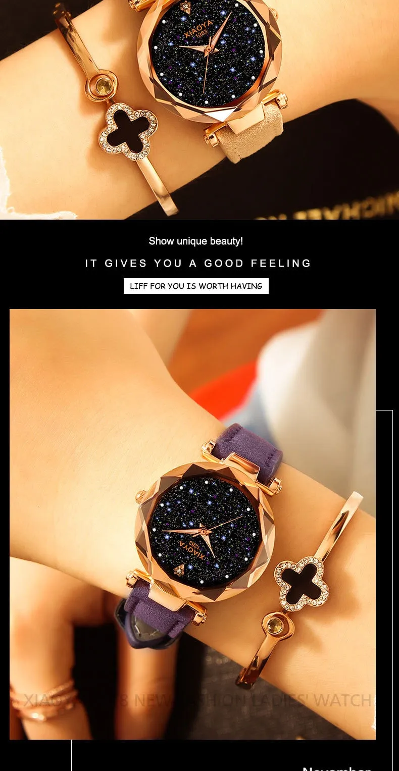 Bebe Kloss Luxury Starry Sky Romantic Leather Rhinestone Designer Ladies Wrist Watch