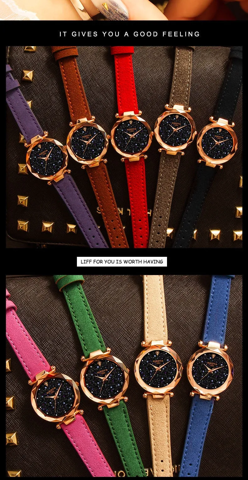 Bebe Kloss Luxury Starry Sky Romantic Leather Rhinestone Designer Ladies Wrist Watch