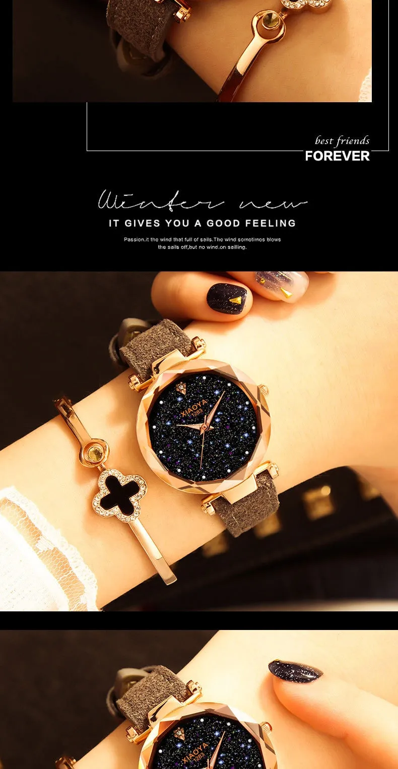 Bebe Kloss Luxury Starry Sky Romantic Leather Rhinestone Designer Ladies Wrist Watch