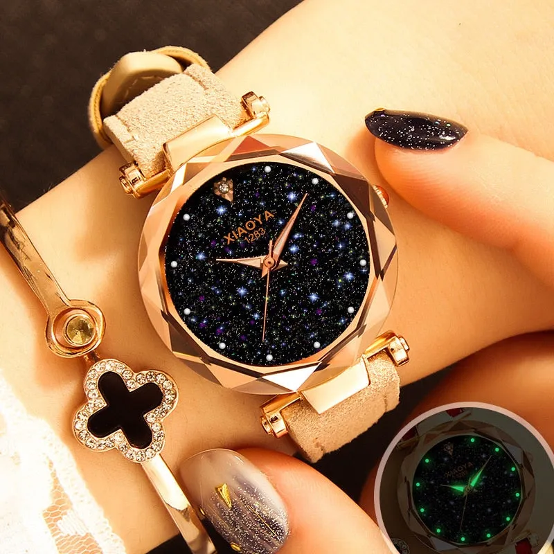 Bebe Kloss Luxury Starry Sky Romantic Leather Rhinestone Designer Ladies Wrist Watch