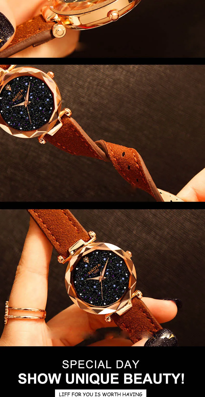 Bebe Kloss Luxury Starry Sky Romantic Leather Rhinestone Designer Ladies Wrist Watch