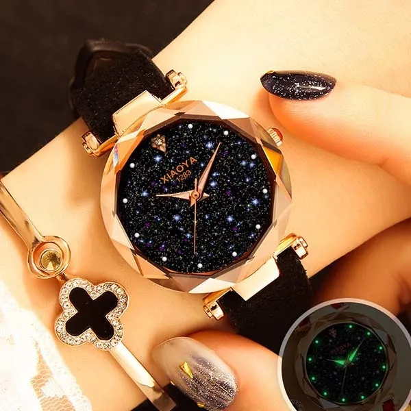 Bebe Kloss Luxury Starry Sky Romantic Leather Rhinestone Designer Ladies Wrist Watch