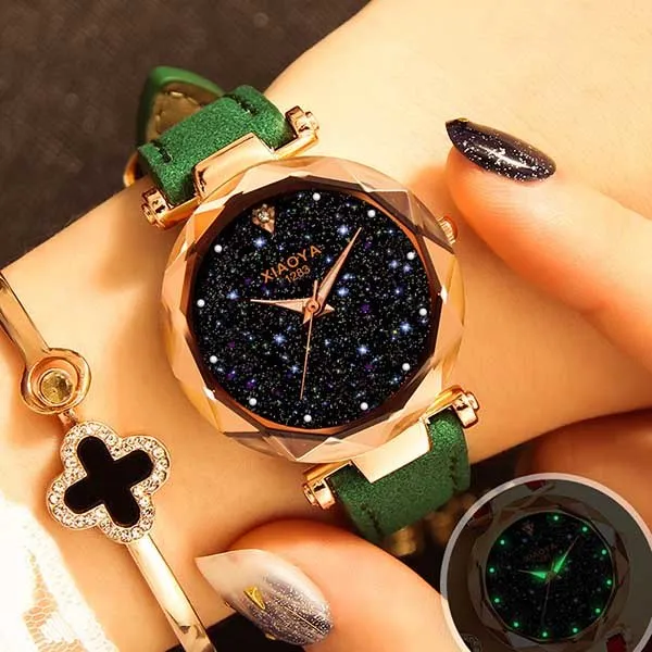 Bebe Kloss Luxury Starry Sky Romantic Leather Rhinestone Designer Ladies Wrist Watch