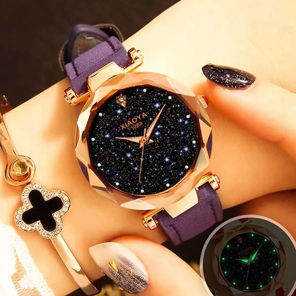 Bebe Kloss Luxury Starry Sky Romantic Leather Rhinestone Designer Ladies Wrist Watch
