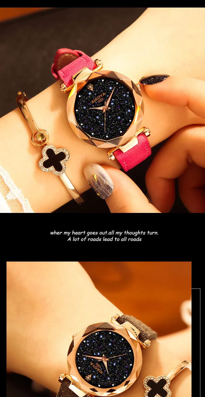 Bebe Kloss Luxury Starry Sky Romantic Leather Rhinestone Designer Ladies Wrist Watch