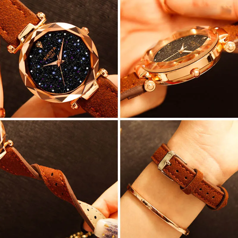 Bebe Kloss Luxury Starry Sky Romantic Leather Rhinestone Designer Ladies Wrist Watch