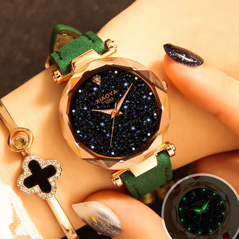 Bebe Kloss Luxury Starry Sky Romantic Leather Rhinestone Designer Ladies Wrist Watch