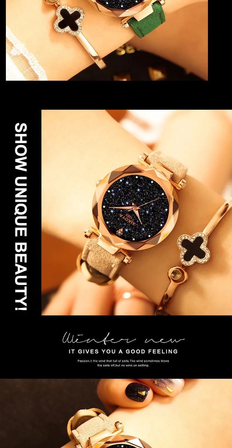 Bebe Kloss Luxury Starry Sky Romantic Leather Rhinestone Designer Ladies Wrist Watch