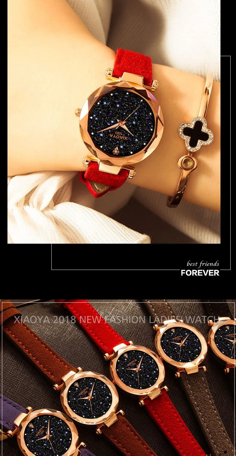 Bebe Kloss Luxury Starry Sky Romantic Leather Rhinestone Designer Ladies Wrist Watch