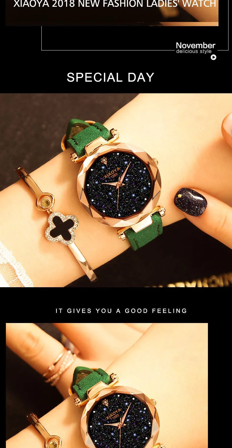 Bebe Kloss Luxury Starry Sky Romantic Leather Rhinestone Designer Ladies Wrist Watch