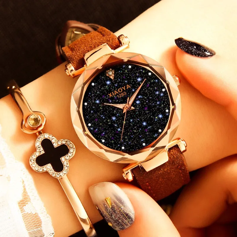 Bebe Kloss Luxury Starry Sky Romantic Leather Rhinestone Designer Ladies Wrist Watch